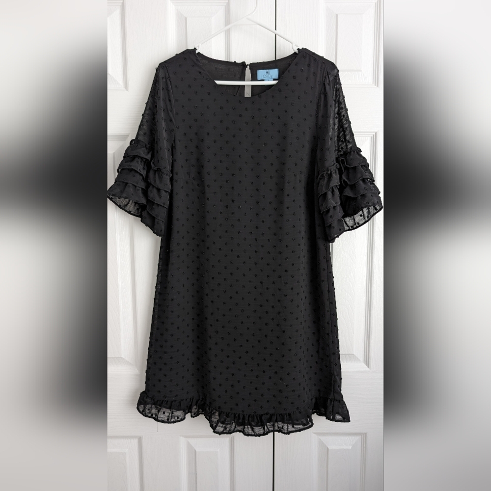 Cece Clip Dot Shift Dress Sz 8 Ruffled Tiered Sleeves & Hem Popover Keyhole